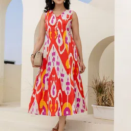 KEIYONA Ikat Print Printed V- Neck Sleeveless A-Line Midi Dress image 3