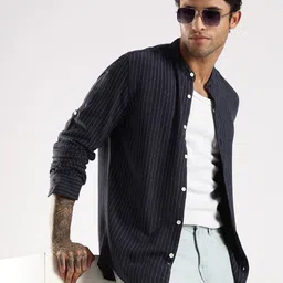 Blu MNKY Men Classic Fit Vertical Striped Mandarin Collar Casual Shirt-picture-41