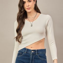 R.Code by The Roadster Life Co. Women Ribbed Round Neck Asymmetric Hem Crop Top-picture-1