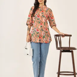 BAESD Floral Print Mandarin Collar Roll-Up Sleeves Ethnic Cotton Top image 4