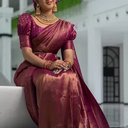 GHAN SALS Magenta Silk Blend Woven Design Sarees image 3