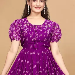 QENA Women Floral Print Puff Sleeve Ruffled Georgette Fit & Flare Midi Dress image 4