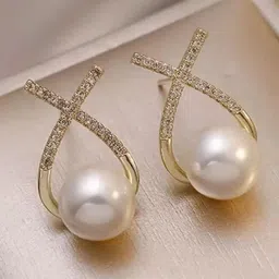 PolluxCraft Gold Plated Zircon Studded & Pearls Beaded Contemporary Korean Studs-picture-40