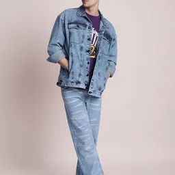 Bene Kleed Men Graphic Printed Oversized Denim Jacket Featuring Detachable Back Patch image 2