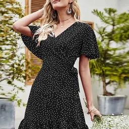 KPOP Polka Dot Print Flared Sleeve Women A-Line Dress image 5