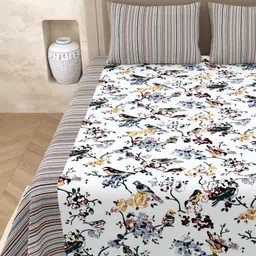 Aura White & Grey Ethnic Motifs 210 TC Queen Bedsheet with 2 Pillow Covers image 1