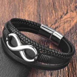 MEENAZ Men Leather Silver-Plated Multistrand Bracelet image 1