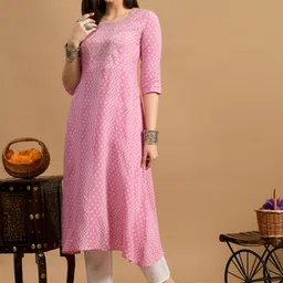 GLOWWORLD Bandhani Printed Gotta Patti Round Neck Pure Cotton A-line Kurta image 5