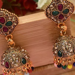 MEIRA JEWELLERY Gold-Plated Artificial Stones Studded Contemporary Jhumkas image 2