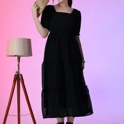 Femvy Women Square Neck Tiered Puff Sleeves Fit & Flare Midi Dress-picture-16