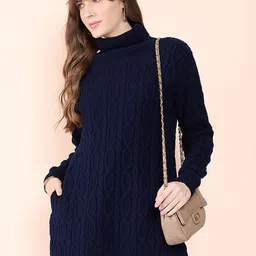 CLAPTON Women Self Design Cable Knit Turtle Neck Woollen Pullover-image-13
