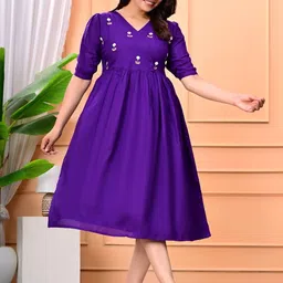 SRFA Floral Embroidered Puff Sleeve Fit & Flare Knee Length Dress-picture-28