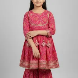 Sangria Girls Bandhani Printed Gotta Patti Pure Cotton Anarkali Kurta With Sharara image 4
