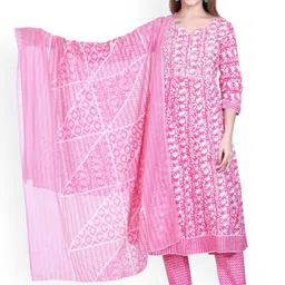 WOOL 4U Women Floral Printed Regular Anarkali Calf Length Kurta with Trousers & Dupatta-picture-10