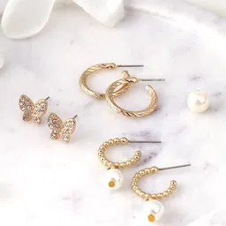 Adwitiya Collection Set Of 3 Gold Plated Classic Half Hoop Earrings-image-92
