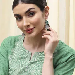 Biba Brass-Plated Dome Shaped Artificial Stones Studded and Beaded Jhumkas image 4