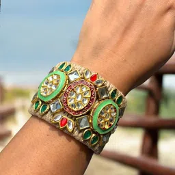 VIVAZS Women Brass Kundan Gold-Plated Cuff Bracelet-picture-58