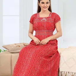 NIGHTY KING Bandhani Printed Short Sleeves Pure Cotton Maxi Nightdress-picture-18