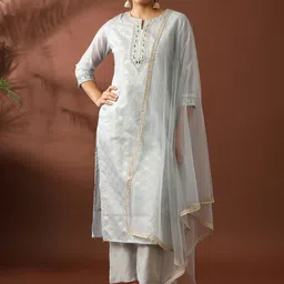 Jaipur Kurti Women Ethnic Motifs Embroidered Regular Chanderi Cotton Kurta with Trousers & With Dupatta-picture-24