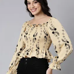 SHOWOFFFF Floral Print Puff Sleeve Crepe Peplum Crop Top image 2