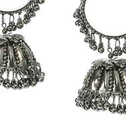 JOHARKAMAL Silver-Plated Ghungroo Beaded Dome Oxidised Jhumkas image 5