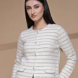 Juelle Women Self Design Striped Woollen Cardigan-image-72