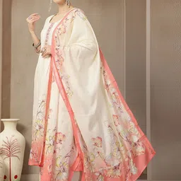 Yufta Women Floral Printed Pleated Thread Work Chanderi Silk Kurta with Trousers & With Dupatta image 1