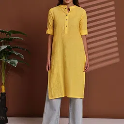 Enchanted Drapes Striped Mandarin Collar Thread Work Straight Pure Cotton Kurta-image-28