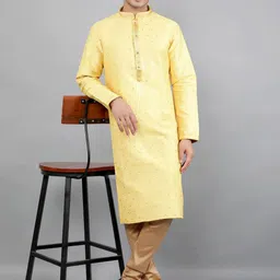 Manish Creations Floral Woven Design Band Collar Jacquard Kurta with Churidar image 3