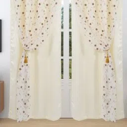 Aura Cream & Brown 2 Pieces Embroidered Black Out Window Curtain image 4