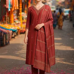 Lookmark Embroidered V-Neck Thread Work Cotton Silk Kurta With Trousers & Dupatta-picture-40