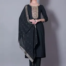 KALINI Women Ethnic Motifs Embroidered Regular Thread Work Pure Silk Kurta with Trousers & With Dupatta-picture-32