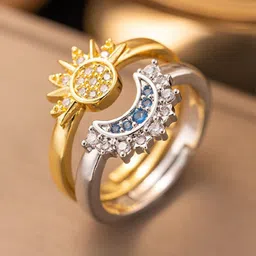 ISHKAARA Set Of 2 Gold & Rhodium-Plated Stone-Studded Couple Adjustable Finger Rings image 3