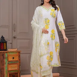 NAVYAAZRI Women Floral Printed Regular Pure Cotton Kurta with Trousers & With Dupatta-picture-27