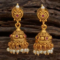 Kushal's Fashion Jewellery Gold-Plated Stone Studded & Beaded Dome Shaped Antique Jhumkas-picture-19