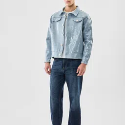 Snitch Men Spread Collar Self Design Pure Cotton Denim Jacket image 3