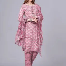 OH MI DIOS Floral Printed Tie-up Neck Pure Cotton Straight Kurta With Trouser & Dupatta image 5