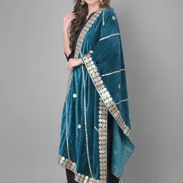 a r silk dupatta hub Velvet Self Design Green Women Dupatta image 3