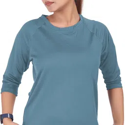 myo2 Women Solid Round Neck Polyester Blue T-Shirt-picture-29