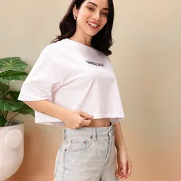 mast & harbour Women Printed Round Neck Pure Cotton White T-Shirt image 3