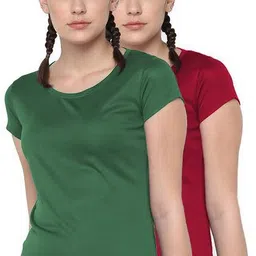 dsws Pack of 2 Women Sporty, Solid Round Neck Polyester Dark Green, Maroon T-Shirt-picture-16