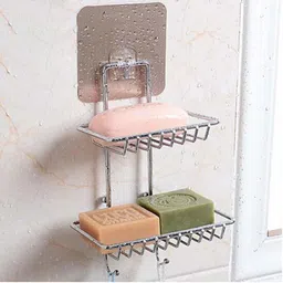 empire corporation Wall Mounted Double Layer soap Dish Holder Stainless Steel Wall Hanging Soap Storage Rack for Kitchen Bathroom-with Self Adhesive Magic Sticker image 4