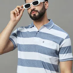 unniberry Men Striped Polo Neck Cotton Blend Blue, White T-Shirt-picture-17