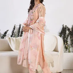 Indo Era Women Floral Embroidered Regular Thread Work Pure Cotton Kurta with Trousers & With Dupatta image 4