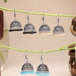 Sangria Set of 3 German Silver Oxidized Silver Plated Artificial Beaded Jhumkas-picture-14