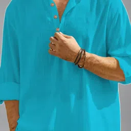 KNOWTED Mandarin Collar Roll-Up Sleeves Straight Short Kurta image 3
