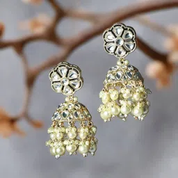 Jazz and Sizzle Silver Plated Artaificial Stones Studded And Beaded Dome Shaped Jhumkas image 3