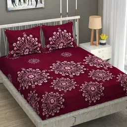 AVI Mulberry Maroon & White Floral Printed Cotton 180 TC Queen Bedsheet Set 2.54 x 2.28 m-image-66