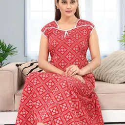 NIGHTY KING Bandhani Printed Short Sleeves Pure Cotton Maxi Nightdress-picture-14