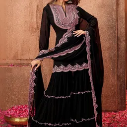 CANIZZARO Women Ethnic Motifs Embroidered Regular Thread Work Kurta with Sharara & With Dupatta-picture-25